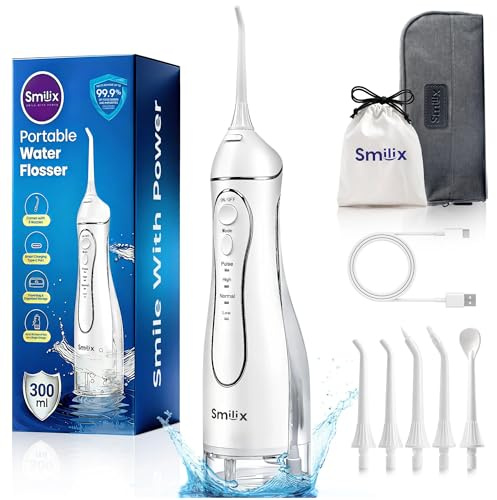 Water Flosser Cordless – Portable 300ML Smilix Oral Irrigator with Travel Case, USB-C Rechargeable, IPX7 Waterproof, 5 Jet Tips for Deep Teeth & Gum Cleaning