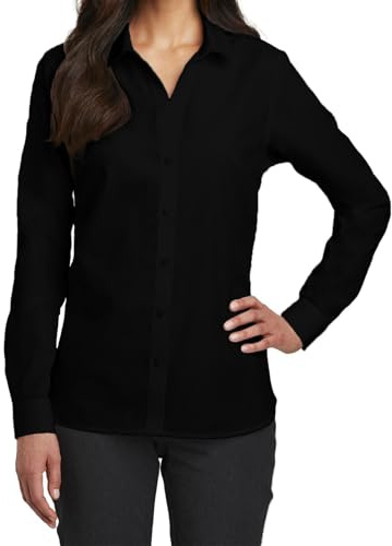 JiaYouLC Womens Casual Long Sleeve Dress Shirts Plain Blouse Tops Ladies Stretch Button Down Shirts for Business Work Office (UK, Alpha, M, Regular, Regular, Black)