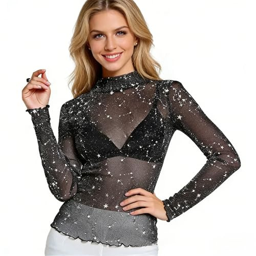 KOOOGEAR Débardeurs et Hauts en Maille pailletée Femme, Tops Transparents avec étoiles, Blouse Sexy à Manches Longues pour Travail, Quotidien, soirée, Tops en Maille Noirs