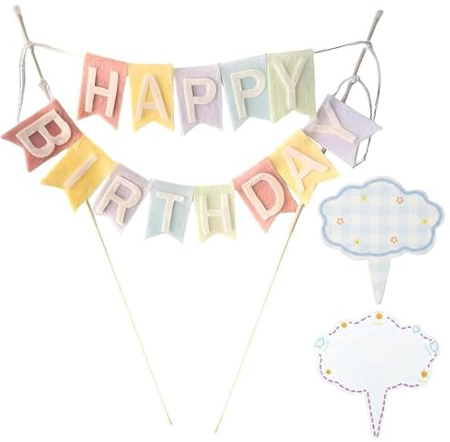 ZMaglorian Happy Birthday Filz Kuchen Topper Girlande 2 Holzstäbe Tortendeko Geburtstag Wiederverwendbar Tortendeko Bunte Kinder Party Happy Birthday