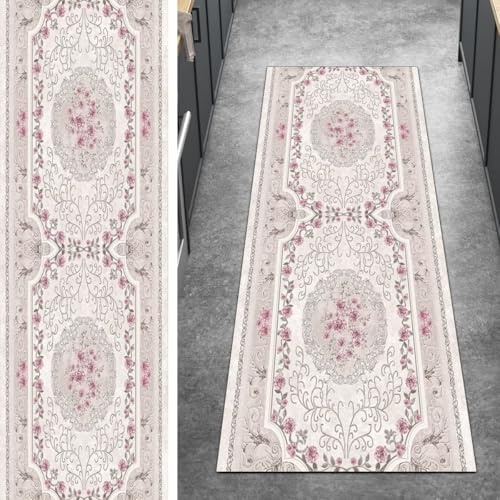 Ymural Vintage Teppich Läufer Flur rutschfest, Rosa 40x150CM Küche Teppichläufer Kücheteppich Lang Waschbar Meterware Kurzflor Polyester Korridor Schlafzimmer Wohnzimmer