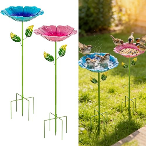 Vogeltränke Stehend Wetterfest, 2 Stück 80cm Hoch Vogelbad Garten, Metall Blütenform Vogelbecken Frostfest, Gartendeko Wassertränke Freistehendes, Groß Wasserschale Frostsicher für Vögel Draußen (A)