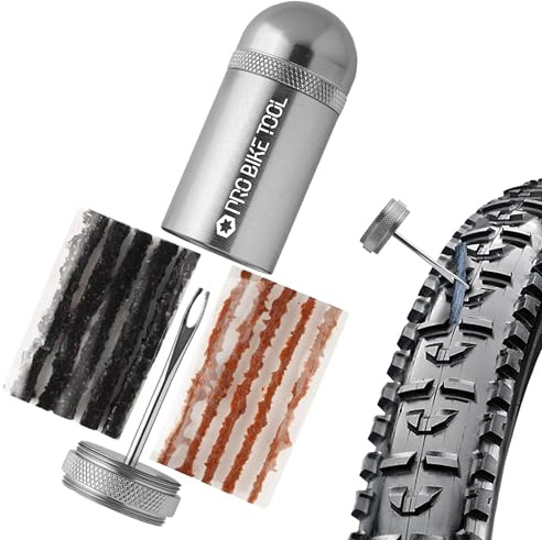 PRO Bike Tool Tubeless Bike Tire Repair Kit – for MTB and Road Bicycle Tires – Fix a Puncture or Flat – Tackle Set Includes Storage Canister, Plugger Tool and Plugs - 5 Bacon and 5 Black Strips