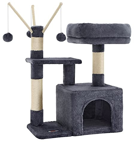 FEANDREA Cat Tree, Small Cat Condo, 72 cm, 3 Pompoms, Smoky Grey PCT121G01