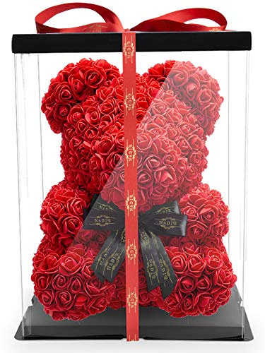 NADIR 25cm 40cm 70cm Blumenbär Rosenbären mit Schleife/inklusive vorverpackter Geschenkbox/Valentinstag Muttertag Geburtstag Jahrestag Infinity Rosebear Bär aus Rosen Teddybär Blütenbär