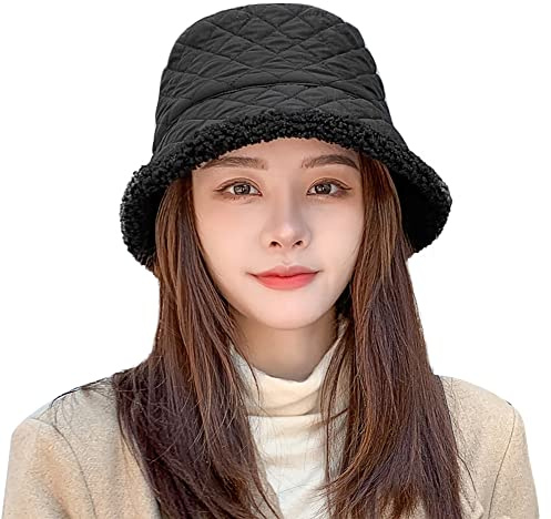 ITODA Mütze Damen Winter Fischermütze Doppelseitig Warm Fischerhut Verdickt Pelzig Wintermütze Winddicht Eimerhut Mode Bucket Hut Weich Teddyfleece Anglerhut Kariert Mütze Herbst Outdoor Geschenk