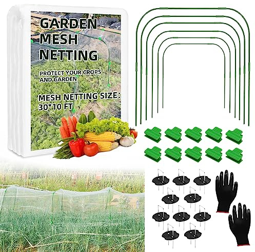 Garden Netting Kit, 10X30 Ft Garden Ultra Fine Mesh Net Bird Barrier Protection with Garden Hoops for Protect Garden Vegetables Flowers Shrubs Fruit Trees Indoors & Outdoors Plant Beds Greenhouse