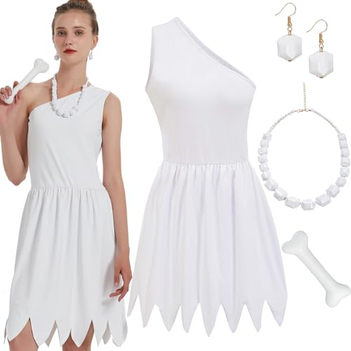 qnprt Halloween Family Costume for Women 2025 Couples Caveman White Dress Outfit with Necklace Accessories,XL