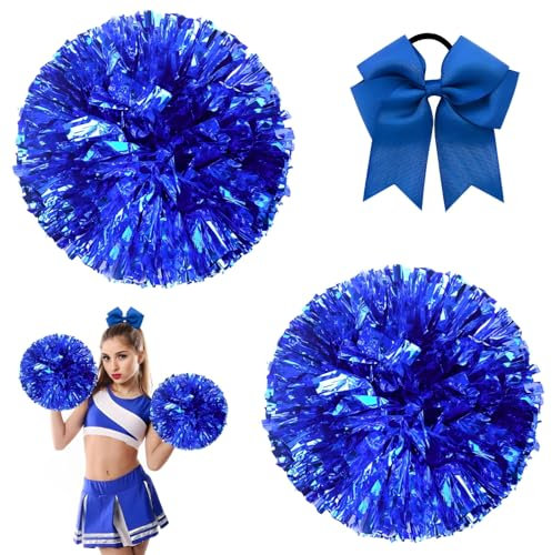 2 Stück Cheerleading Pompoms, Pompons Cheerleader Blau Rot, Cheerleader Pompons Handblumen mit Handle, Haargummi Schleife, für Erwachsene/Kinder, Tanzparty, Sportwettbewerb, Teamgeist (Blau)