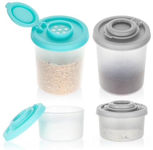 Salt and Pepper Shakers Set, 4 Pcs Mini Plastic Spice Shakers with Moisture Proof Lids, Perfect for Camping Picnic Travel Lunch Boxes Kitchen Clear with Grey and Mint Lids, Small & Medium Sizes
