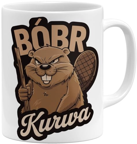 OM3® witzige Kaffee-Tasse mit Spruch - Bobr Kurwa - viral Meme - Beaver - Biber - Bober II - Keramik Becher - 325ml - Beidseitig Bedruckt - Weiss