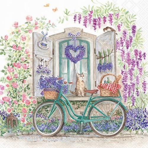 20 Servietten Natur Fahrrad vor Blumenfenster als Tischdeko. Papierservietten mit Motiv. Auch für Decoupage und Serviettentechnik 33x33cm