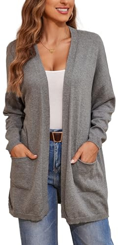 BERESIA Cardigan Ouvert en 100% Coton, Manches Longues, avec Poches, Pull Tricot Doux, Style Décontracté, Gris Foncé, XL
