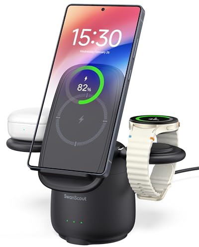 SwanScout Trådlös Laddare för Samsung, Wireless Charger for Samsung S25 Ultra/S24/S23/Z Flip 7/Z Fold 7, 3 i 1 Induktiv Laddningsstation för Galaxy Watch 7/Ultra/6/5 Pro/4/Buds, 707S (Svart)