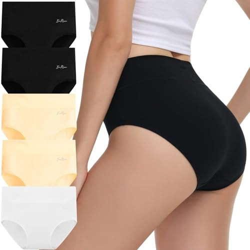 IceReco Underbyxor dam bomull 5-pack hög midja trosor underkläder andas stretch mjuk, 2 svarta + 2 krämfärger + 1 vit, S