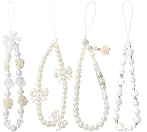 FOEEORT 4 Pcs Phone Charm Strap, Beaded Phone Bracelet Strap, White Pearl Bow Cell Phones Charms, Cute Phoner Charm, Wrist Straps Handmade Mobile Phones Chain for Women Anti-Lost Lanyard