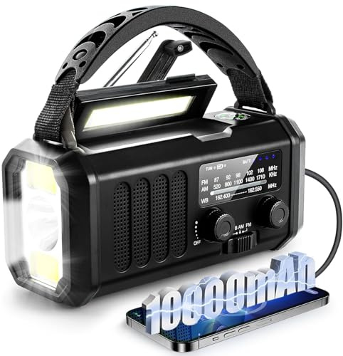 PZCC Radio Manivelle Survie, Radio Portable Rechargeable, Batterie Rechargeable10 000 Mah Power Bank, Solaire Météo à Manivelle avec Am/FM, SoS Alarm, Lampe Poch, Ourdoor, Emergency (Noir)