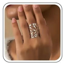 Inateannal Open Large Leaf Ring Leaves Adjustable Finger Rings Metal Leaf Wide Adjustable Ring Statement Silver Hollow Leaves Knuckle Rings Jewelry for Women