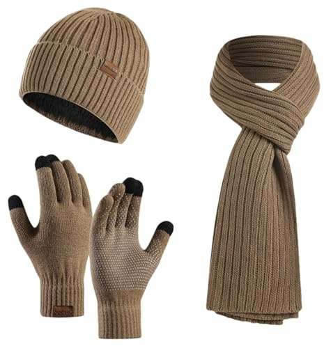 Cozyan Inverno 3 Pezzi Cappello di Lana Sciarpa Guanti Touchscreen Set Caldo Beanie Cappello Teschio Berretto Invernale Termico Berretto Sciarpa Touch Screen Guanti per Uomo Donna