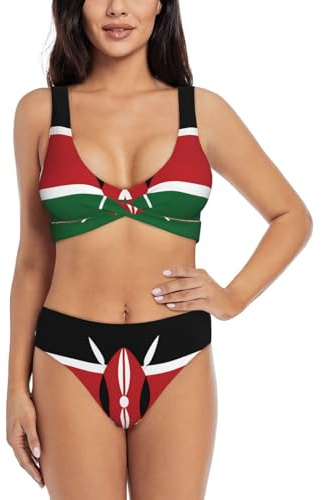 Bandiera del Kenya imitazione nylon donna Split Cross Bikini, traspirante e ad asciugatura rapida, un must per l'estate., Nero, XXL