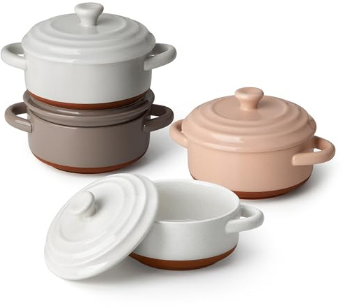 MALACASA Mini Cocotte Set - 12 OZ Small Casserole Dishes for Oven with Lids and Handles, Ramekins Oven Safe, Ceramic Mini Dutch Oven Set of 4, Microwave & Dishwasher Safe, Multicolor, Series TARA