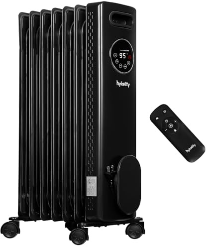 hykolity 1500W Oil Filled Radiato with Remote, Digital Thermostat,24H Timer Electric Heater with 3 Power & ECO Digital Led Display, Overheat & Tip-Over Protection, ETL-certified For Indoor Black