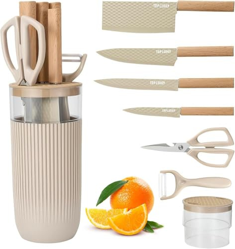 Knife Set, 7 Pieces Professional Kitchen Knife Set with Universal Knife Block, Super Sharp Knife Block Set with Ergonomic Handle Non-Stick Stainless Steel Knife Block Set (Beige)