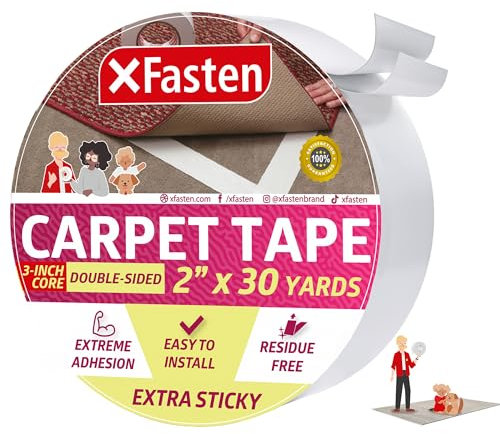 XFasten, nastro biadesivo super resistente, extra adesivo, 5,1 cm x 30 m, tappeto resistente a doppia superficie per tappeti, ideale per case con traffico alto e grandi animali domestici.