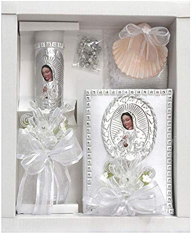 SWEA Pea & Lilli White Virgin Mary Baptism Candle Set Kit for Christenings with Shell and Favors