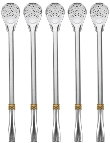 Hemoton Stainless Steel Straw Spoon with Strainer Filter and Mixing Function 7.48 Inch Reusable Tea and Cocktail Stirring Spoon for Home Bar Party Use