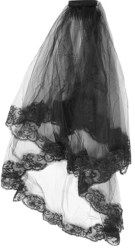 minkissy Schwarzer Spitzen Schleier Für Hochzeiten Und Halloween Doppelschicht Tüll Haarschleier Mit Kamm Gothic Kopfschmuck Für Braut Und Cosplay