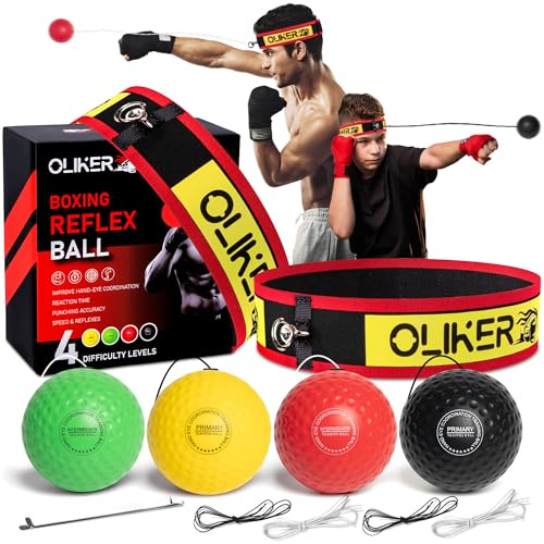 OLIKER Boxball Familienpaket Plus mit verstellbarem Kopfband, 4 Boxbälle geeignet für Reaktion, Beweglichkeit, Schlaggeschwindigkeit, Kampffähigkeiten und Hand-Augen-Koordinationstraining für