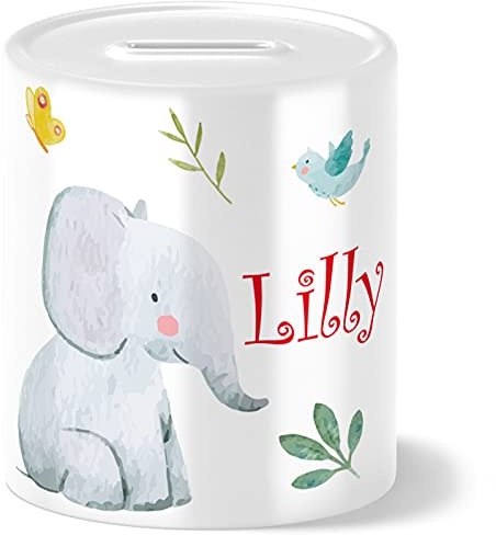 OWLBOOK® Safari Elefant Kinder Spardose Personalisiert mit Namen Geschenke für Jungs Jungen zum Geburtstag Einschulung Taufe Geburt Weihnachten | Sparschwein Sparbüchse Wiederverschließbar