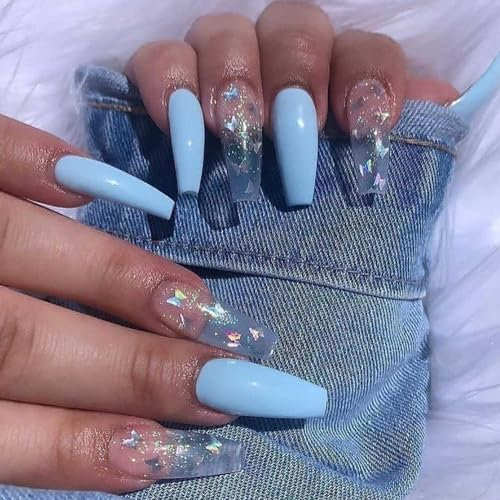 Handcess Coffin Ballerina Press on Nails Long Glossy Blue False Nail Butterfly Acrylic Art Full Cover Fake Nails Stick on Nails for Women and Girls(24Pcs)