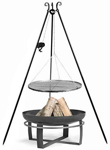 Set: Dreibein H 180 cm mit Grillrost Ø 60 cm Rohstahl und Kurbel + Feuerschale Viking Ø 70 cm Schwenkgrill CookKing