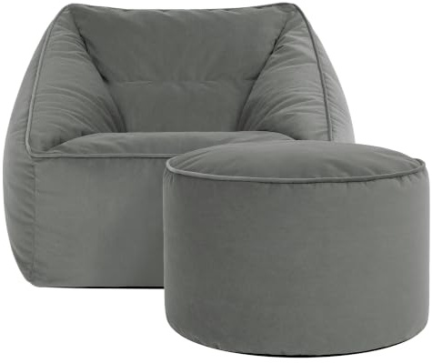 Icon Natalia Samt Sitzsack Sessel und Sitzpuff mit Füllung, Grau | In Deutschland Hergestellt, Sitzsack Erwachsene, Flauschiger Samtstoff, Bequemer Sessel für Wohnzimmer und Schlafzimmer