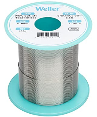 Weller WSW SCN M1 (T0051404899) Lead Free Solder Wire, Dia: 0.3 mm / 0.012 in, Wt: 100 g / 3.527 oz, Alloy Sn99.3Cu0.6Ni0.05, Flux content 3.5%