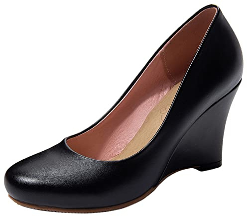 Diuniarza Damen Keilabsatz-Pump Runde Zehen Elegante Pump Ohne Verschluss Kleiderschuhe mit Hohem Absatz, 607Mwe Schwarz Gr 45 EU