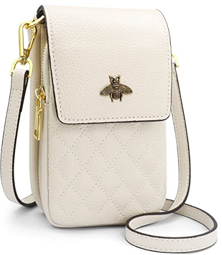 HNOOM Umhängetasche für Damen, echtes Leder, Handytasche, kleine Handytasche, Umhängetasche, Geldbörse, Geldbörse mit 8 Kartenfächern, mehrere Fächer, Handytasche mit Schultergurt, A-weiß