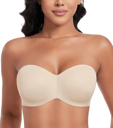 Lemorosy - Soutien-Gorge sans Bretelles pour Femmes à Armatures Décolleté en V avec Bretelles Amovibles Push up(Beige,95F)