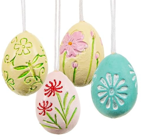 Logbuch-Verlag kleine Ostereier zum Aufhängen, 4er Set: Osteranhänger im Retro Look, Osterdeko mit Schnur, Anhänger für Osterstrauch & Fenster, Bunte Farben mit Blumenmotiv, 4 cm