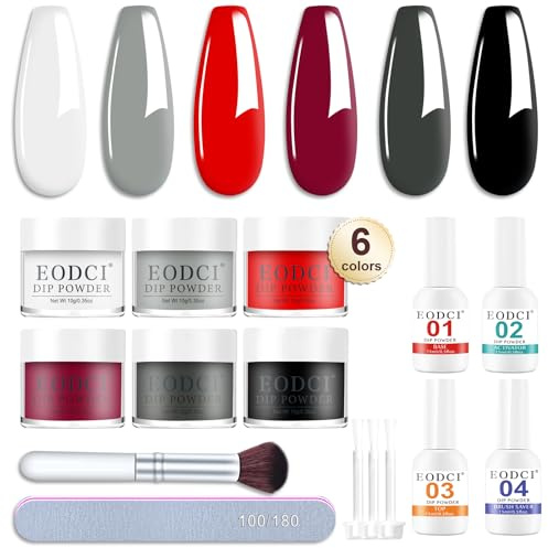 12Pcs Kit de Poudre à Ongles 6 Couleurs Baiser Passionné, Noir Blanc Paillette Poudre Acrylique Liquide avec Couche Base Finition Activateur Pinceau, Kits Complet de Trempage pour Manucure