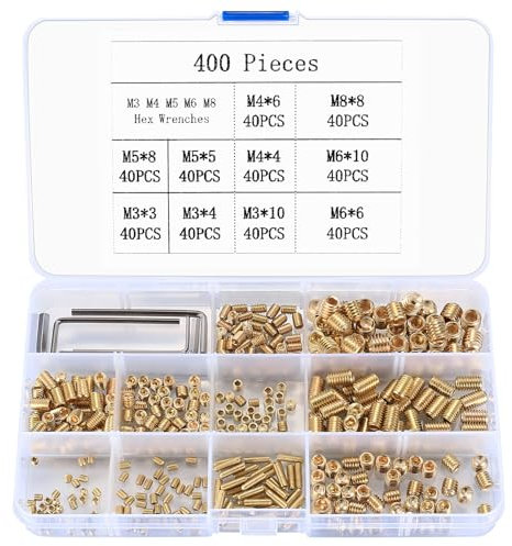 400 Stk Madenschrauben Set, M3/M4/M5/M6/M8 Gewindestifte Sortiment Kit, Sechskantkopf Schrauben für Türgriff Türklinke Halterung Innensechskant Madenschrauben, mit Sechskantschlüssel, Gold (400)