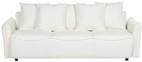 Modern Bouclé Bäddsoffa Konvertibel Sovsoffa med Förvaring Extra Kuddar Avtagbara Överdrag Vit Krama