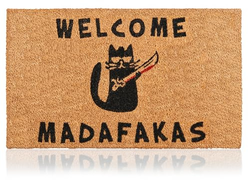 AMARU DOOR MATS - Fußmatte Kokos Außen und Innen, Madafakas, 70x40 cm | 100% Kokosfaser Natur, Robust, Fusselarm, Rutschfeste Unterseite, Nimmt Feuchtigkeit auf, Schmutzfangmatte Eingang, Haustür