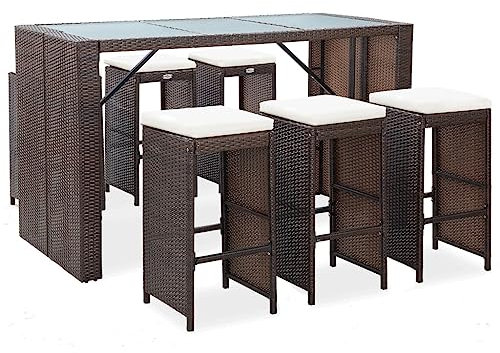 Makastle 7-teilig Gartenbar Set mit Kissen, Garten Sitzgruppe Essgruppe Stehtisch Barstühlen Gartenmöbel, Bartisch mit Barhocker Set für Garten Rasen, Poly Rattan Braun