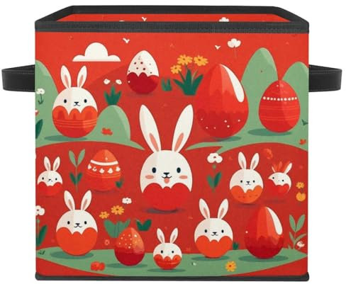 Large Cube Storage Bin with Leather Handles, Foldable Storage Box for Home, Living Room, Closet, Red Easter Bunny Egg