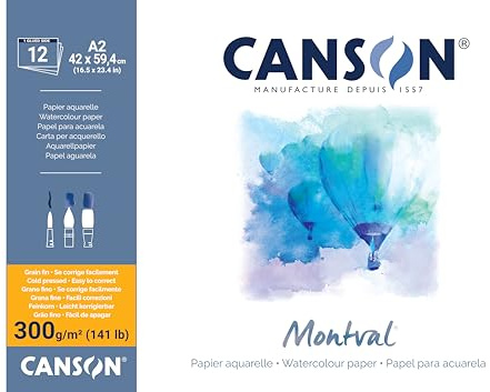 CANSON Montval, akvarellpapper, finkorn, 300 gsm, 141lb, blad, A2-42 x 59,4 cm, gräddvit