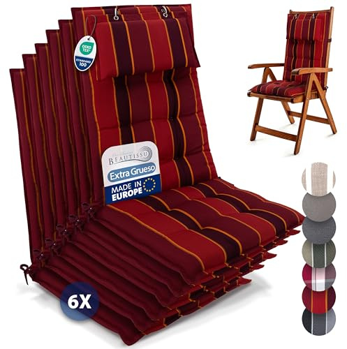 Beautissu 6er Set Premium Hochlehner Auflage mit Kopfpolster rutschfest | 120x50cm 8cm dick Rot gestreift Polster Gartenstuhlauflage mit Befestigungsbändern UV-Lichtechtheit 5 Stoff Robust Sun-HL