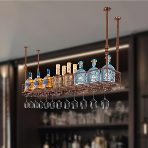 Begoniape Weinregal Palette Deckenregal, 3 Etagen Flaschenhalter aus Metall, Flaschenregal Wandbar für Küche & Weinkeller, Höhenverstellbar Bronze Weinglashalter bis 50kg